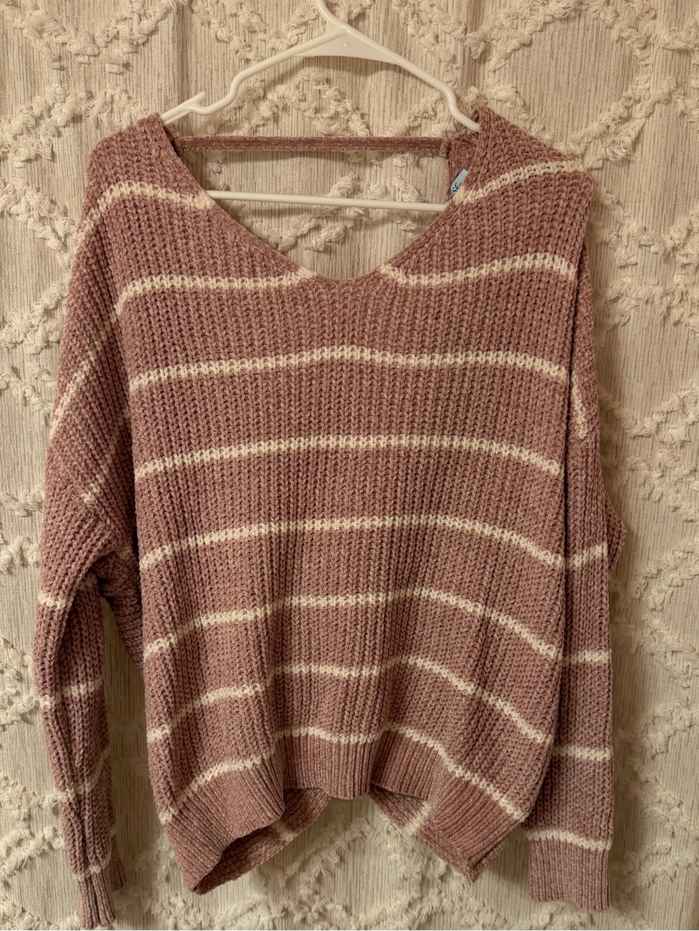 She + Sky Mauve & Cream Striped V-Neck Sweater